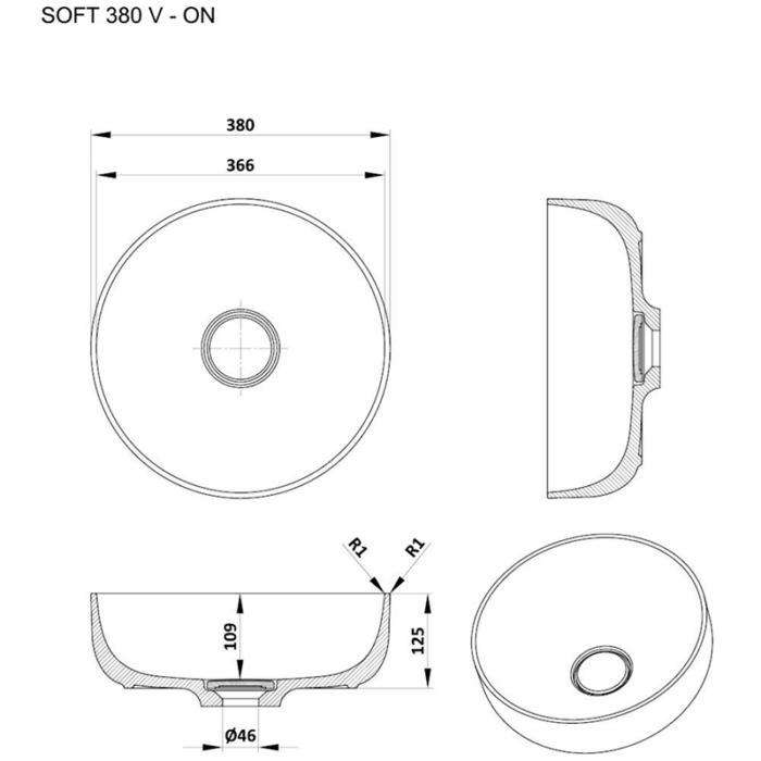 Lavoar pe blat din compozit KERROCK® Soft 380 mm - imagine 2