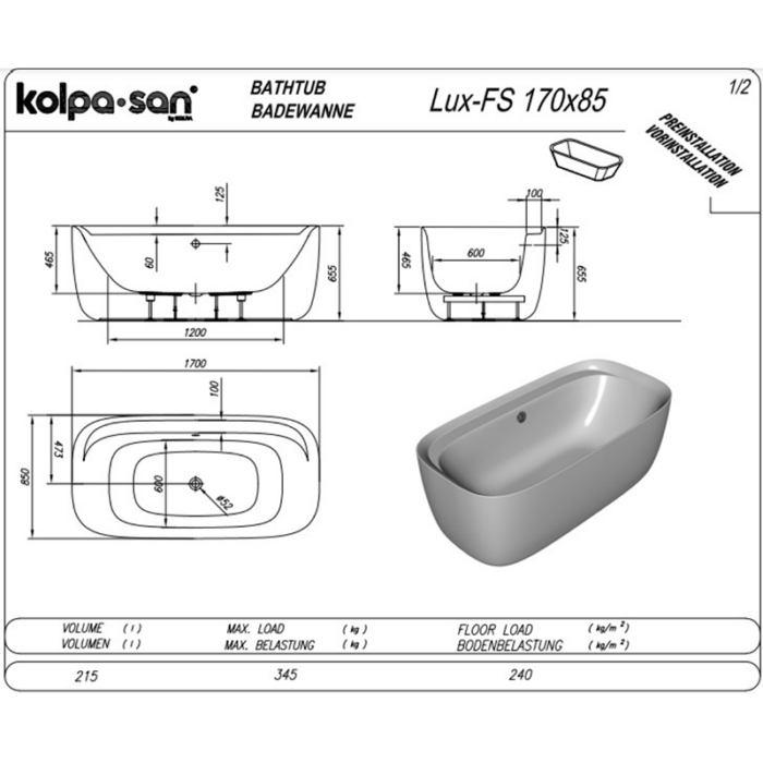 Cadă freestanding din acril Lux FS 1700x850 mm - imagine 4