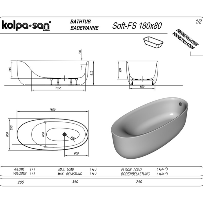 Cadă freestanding din acril Soft FS 1800x800 mm - imagine 4