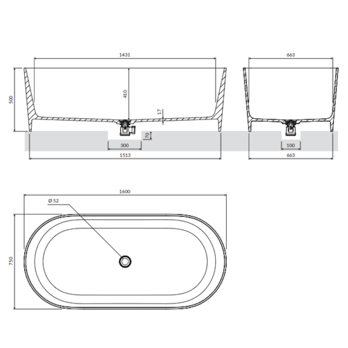Cadă de baie freestanding din compozit Omnires OVO M+ 1600x750 mm - imagine 5