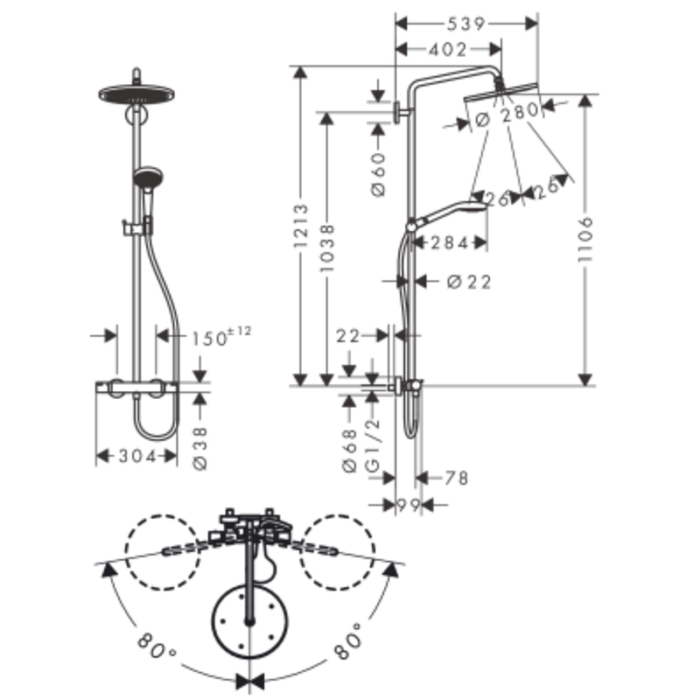 Coloana de duș cu termostat Croma Select S 280 1jet, culoare la alegere - imagine 5