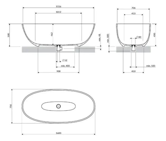 Cadă de baie freestanding din compozit mineral Shell M+ 1600x750mm, culoare la alegere - imagine 6