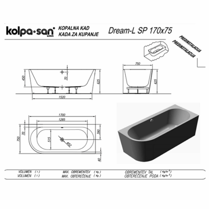 Cada de baie 170x75 cm semirotundă asimetrică Dream-SP-L acril, orientare stînga - imagine 3