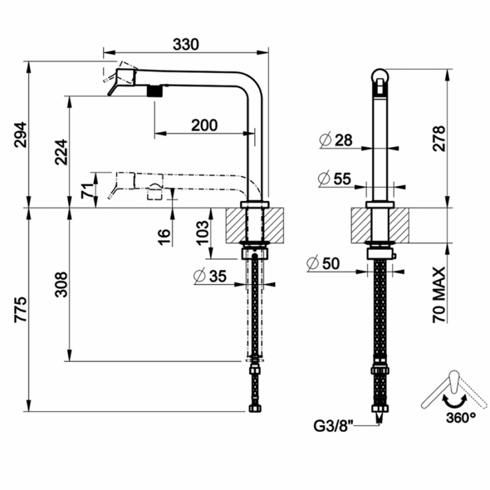 Baterie pentru bucatarie Su&Giu cu pipă rotativă la 360°, culoare la alegere - imagine 8