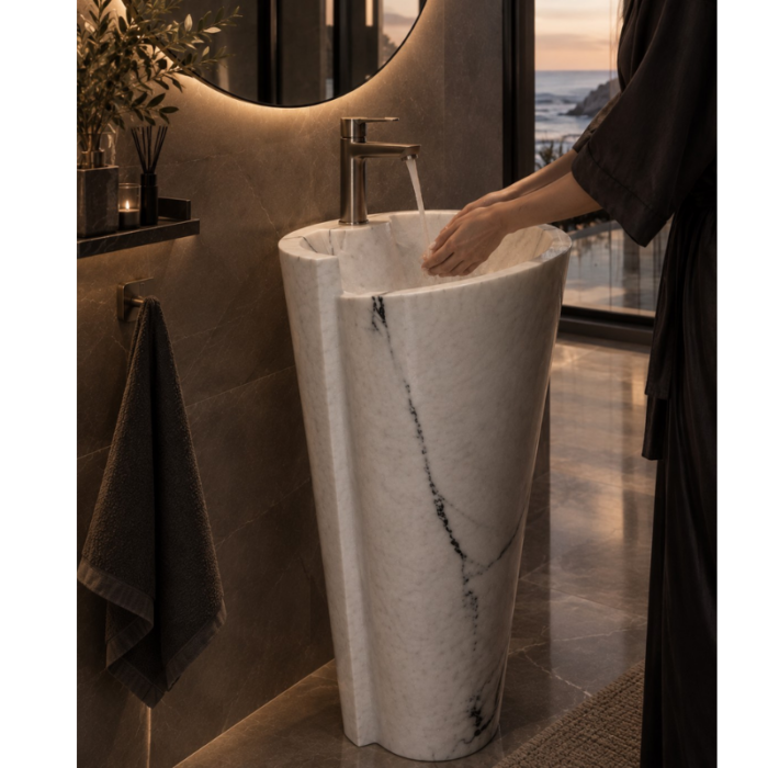 Lavoar freestanding din piatra naturala Marmura Calacatta Lilac 420 x 850 mm - imagine 4